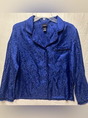 Blue Cobalt Satin Pajama Set Damask Print Button Top M / Pants L
